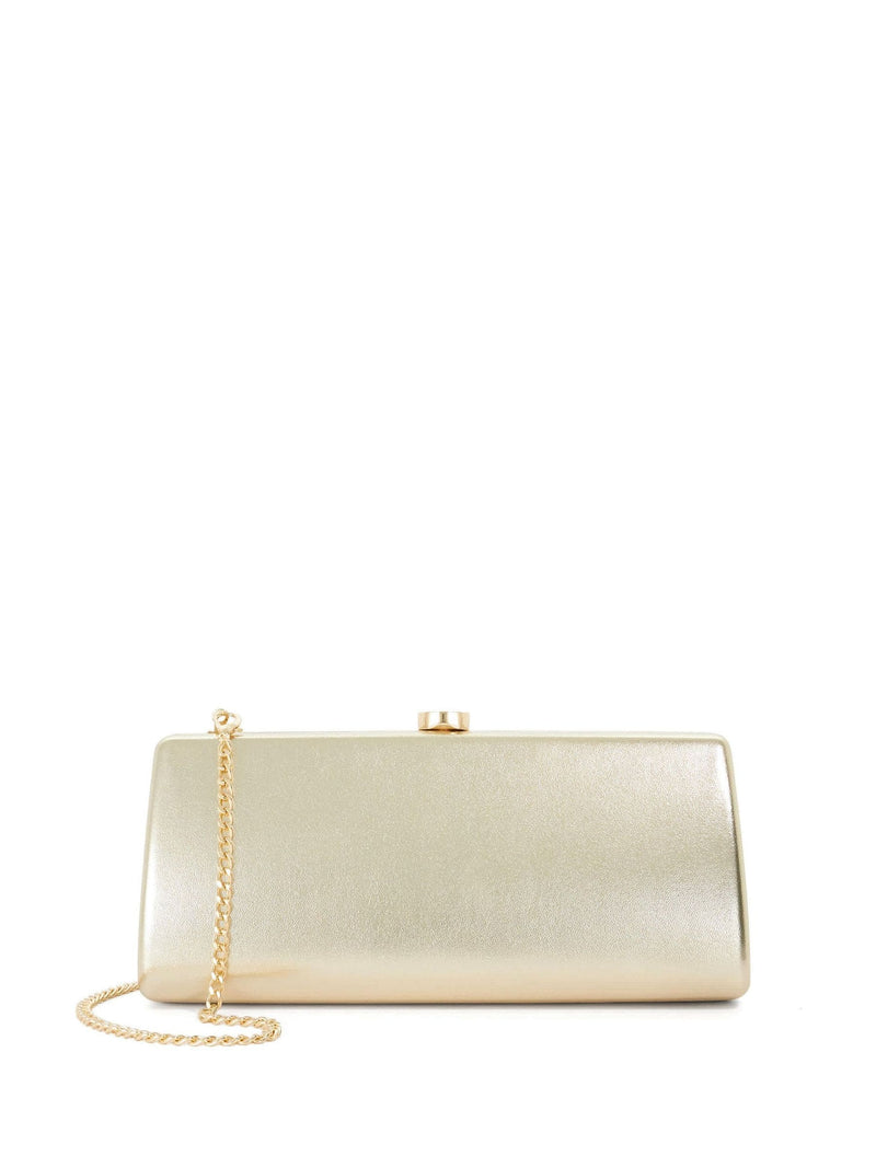 Dune London gold Belinda clutch bag with DD clasp, imported from the UK