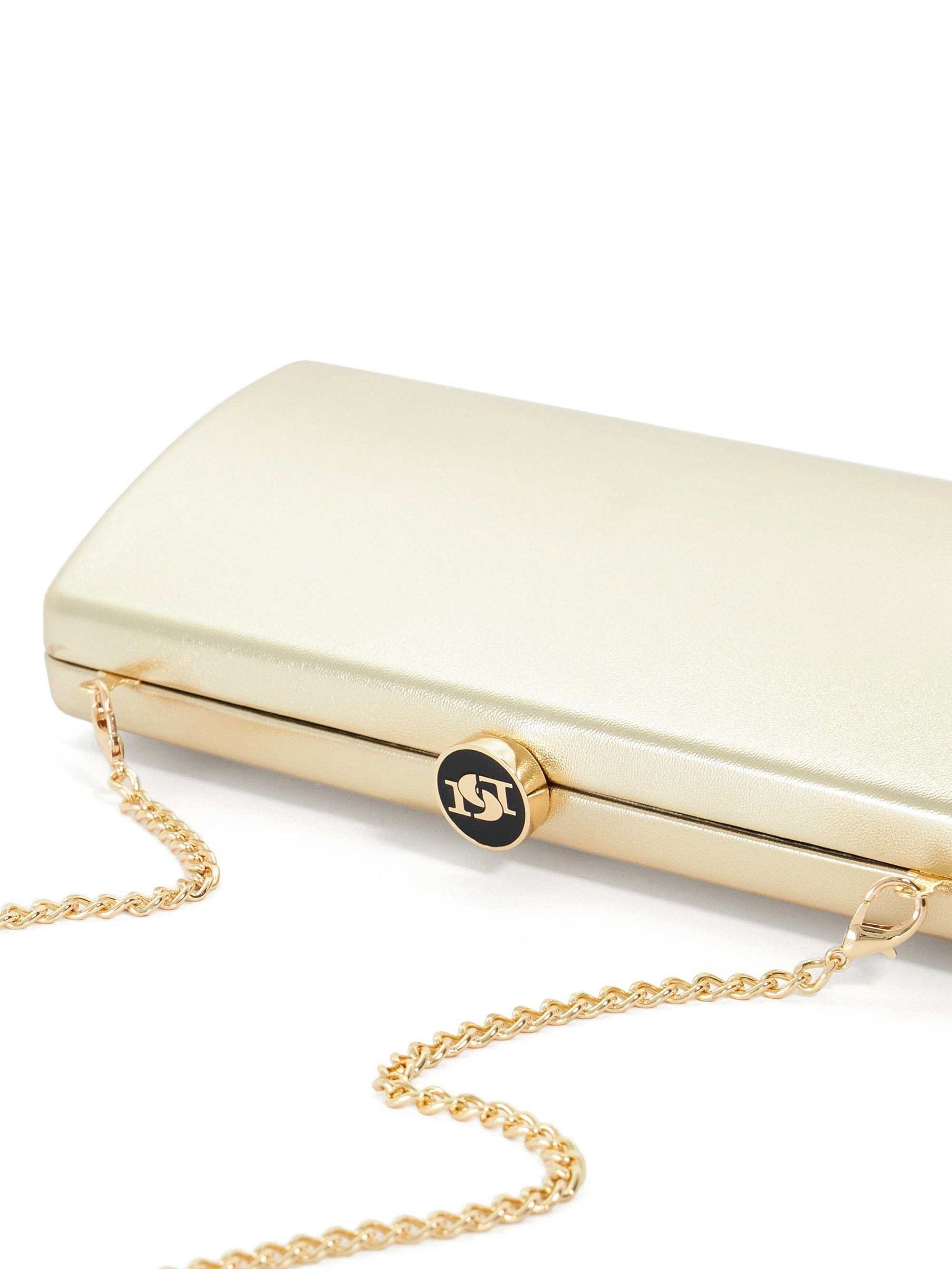 Dune London gold Belinda clutch bag with DD clasp, imported from the UK