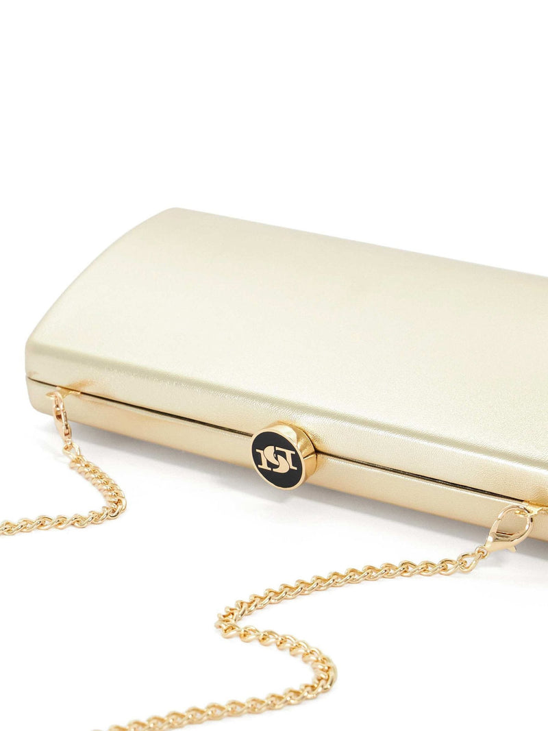 Dune London gold Belinda clutch bag with DD clasp, imported from the UK