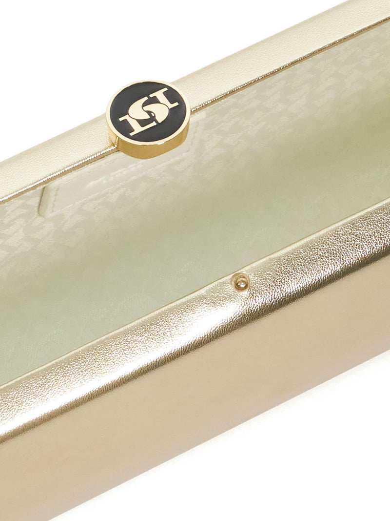 Dune London gold Belinda clutch bag with DD clasp, imported from the UK