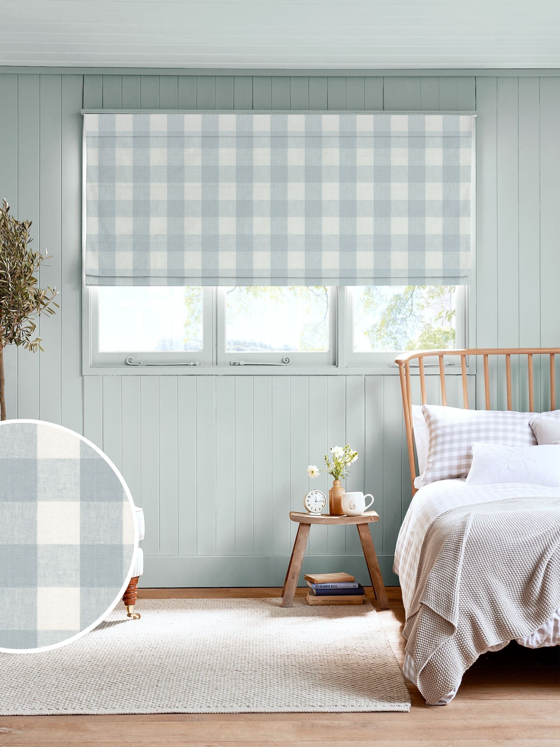 Sophie Allport pale blue gingham roman blind, imported from the UK