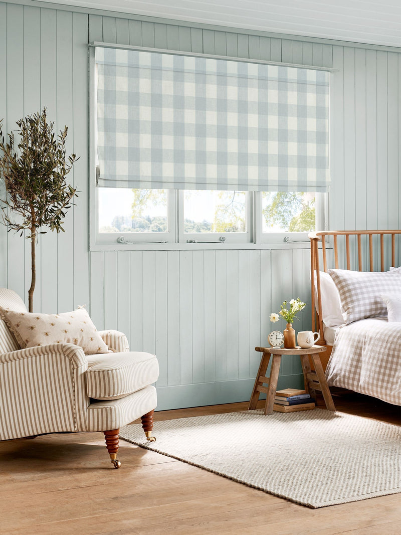 Sophie Allport pale blue gingham roman blind, imported from the UK