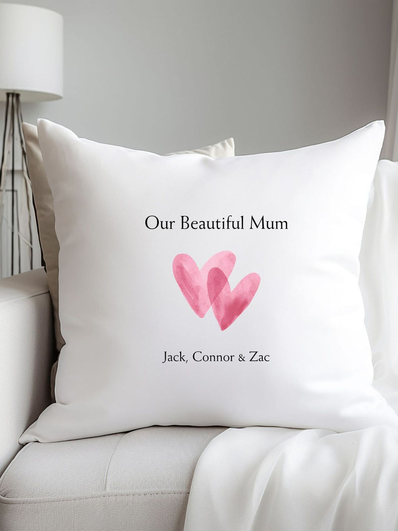 Koko Blossom double heart cushion with personalised names, UK version