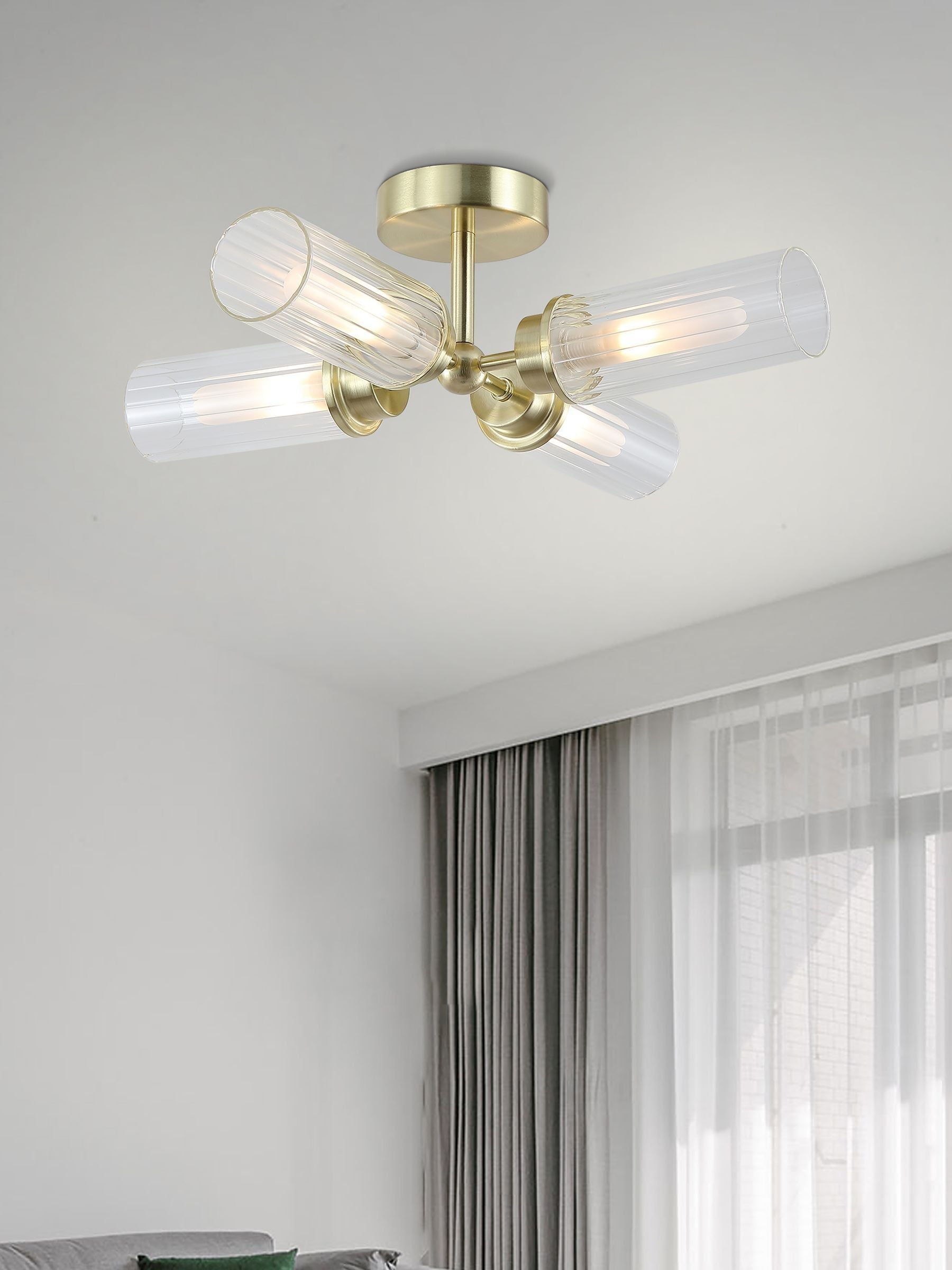 Searchlight Barron flush ceiling light 4 ribbed glass shades, UK version