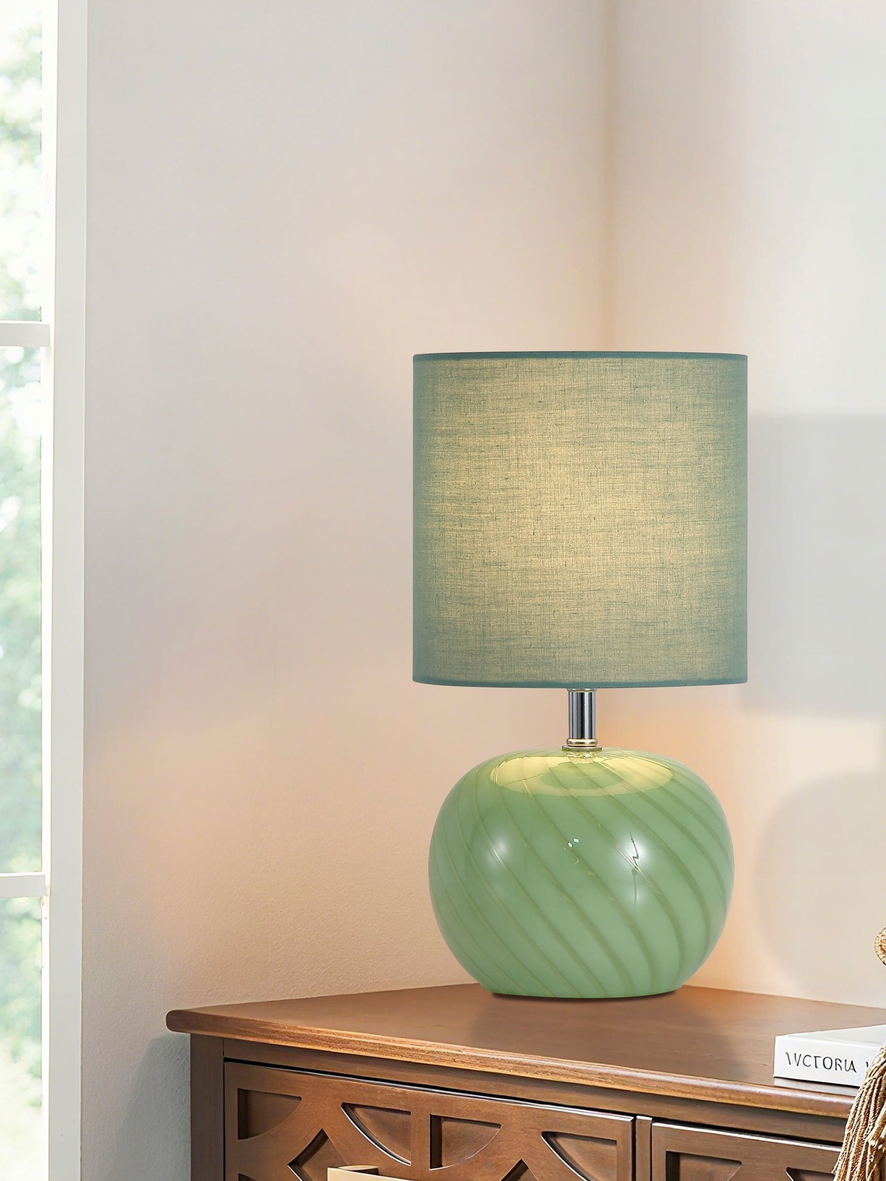 Searchlight Green table lamp with swirling glass and linen shade, imported from the UK