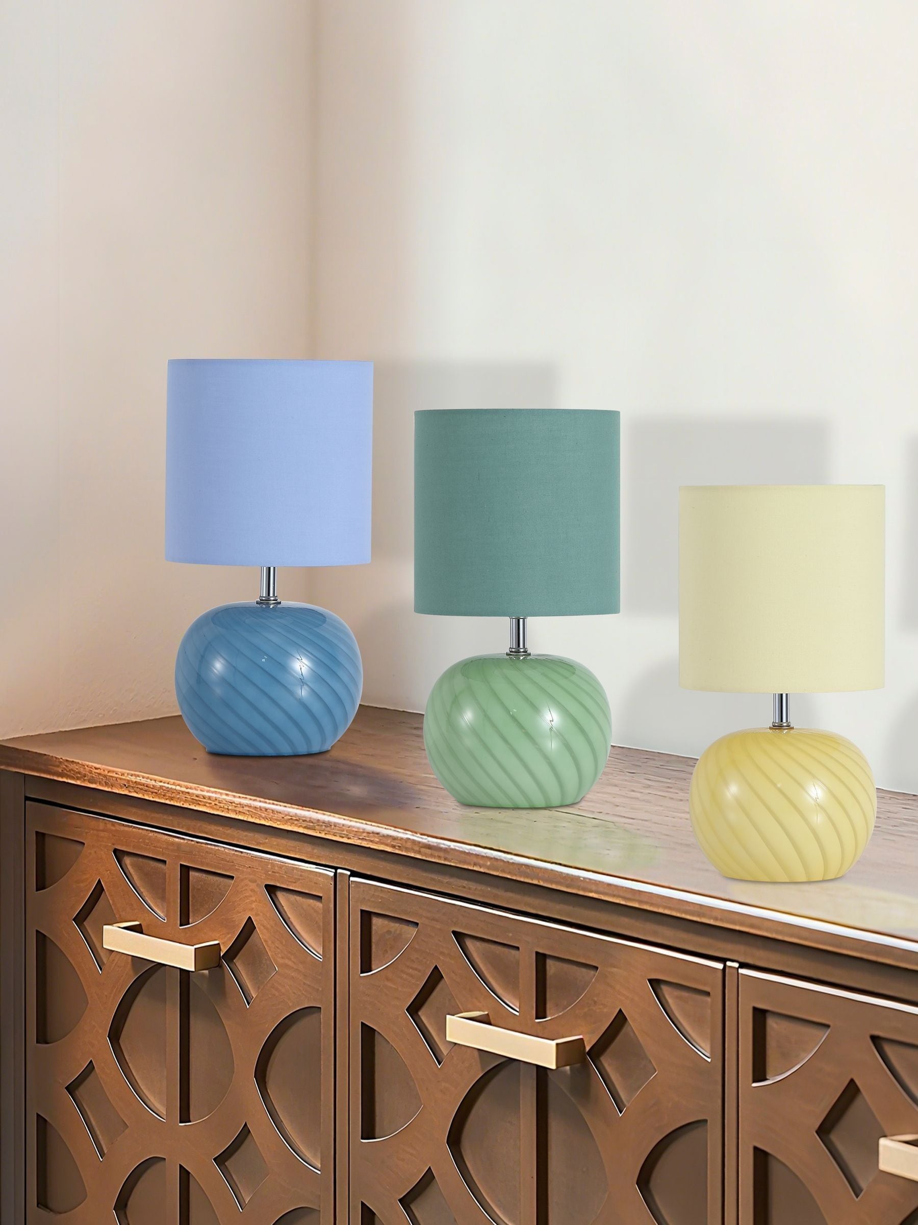 Searchlight Green table lamp with swirling glass and linen shade, imported from the UK