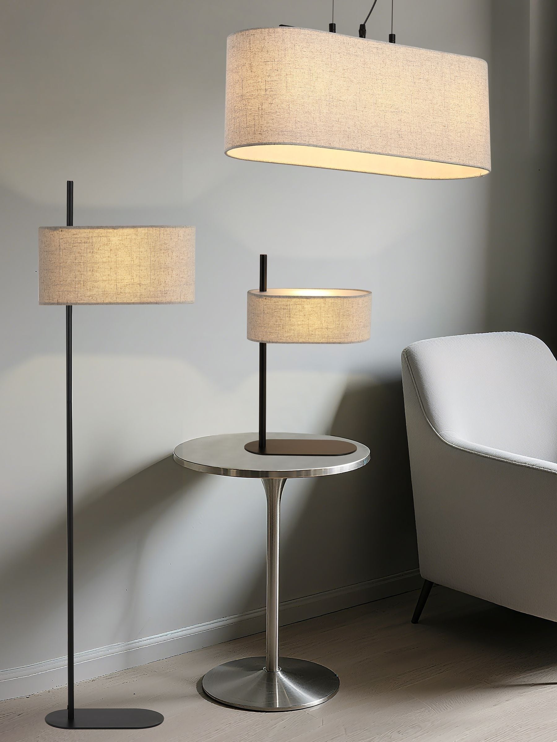 Searchlight floor lamp matte black linen shade 142cm - British product