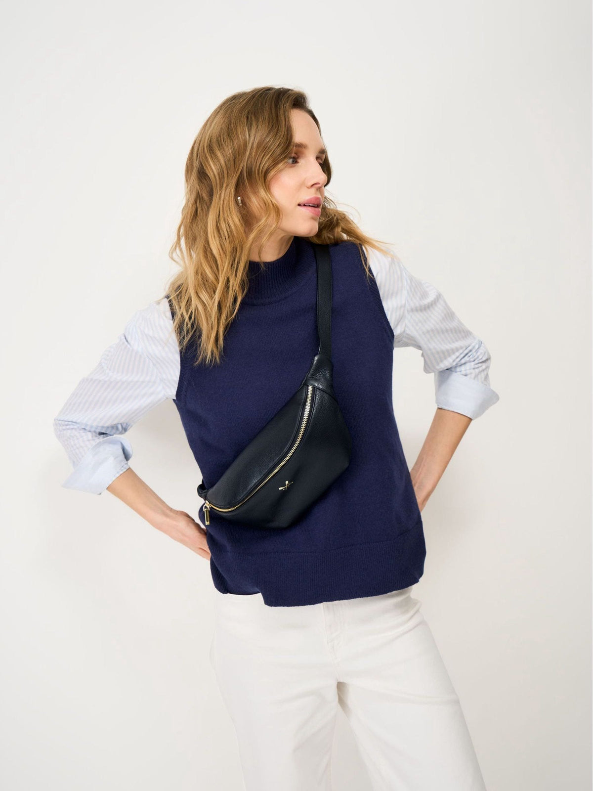 Crew Clothing black leather belt bag, imported from the UK
