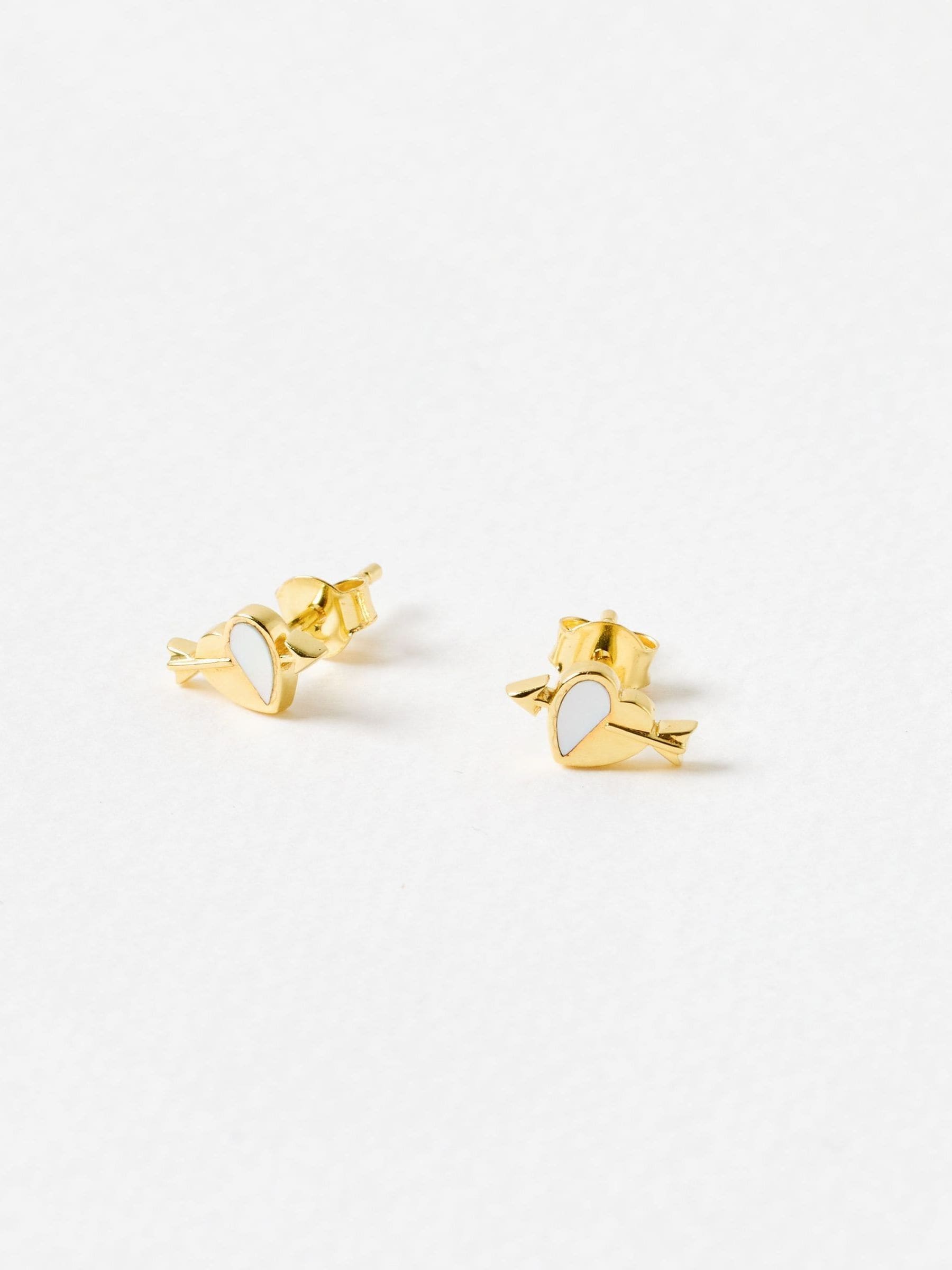 Oliver Bonas Gold Amor mother of pearl heart and arrow stud earrings, UK version