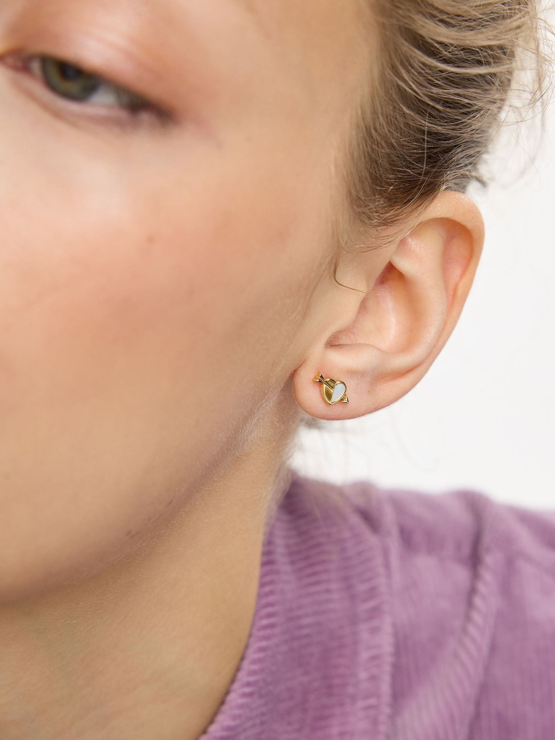 Oliver Bonas Gold Amor mother of pearl heart and arrow stud earrings, UK version