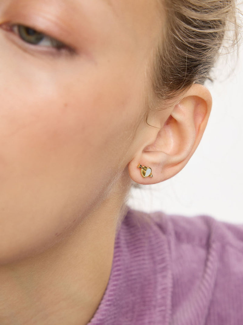 Oliver Bonas Gold Amor mother of pearl heart and arrow stud earrings, UK version