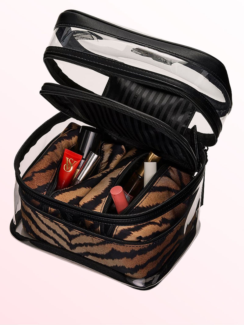 Victoria's Secret Pink and Black Stripe 4 Piece Makeup Bag Set