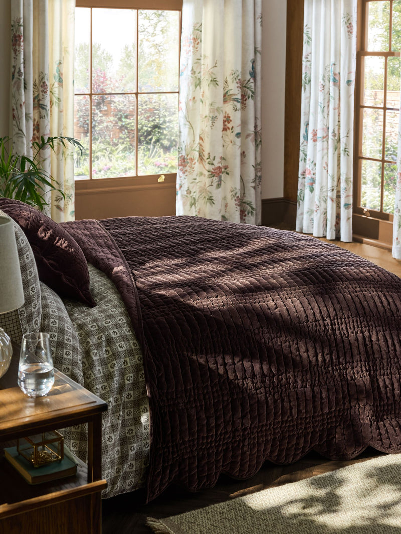 Laura Ashley Pine Green Brady Scallop Cotton Velvet Bedspread 180cm x 235cm