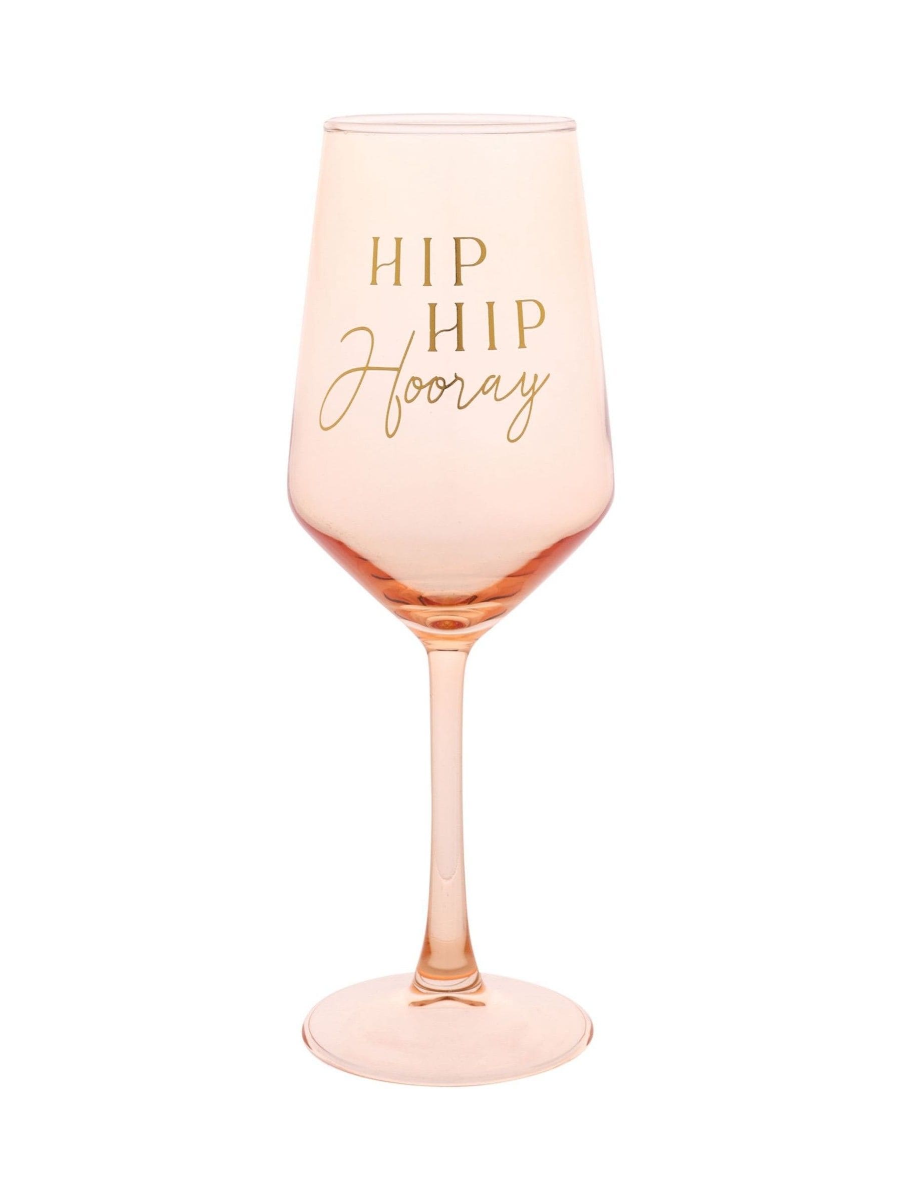 Widdop light peach wine glass with gold Hip Hip Hooray decal, imported from the UK