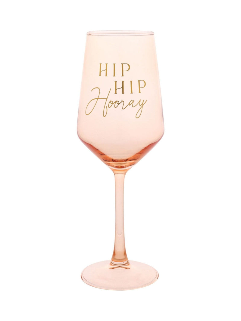 Widdop light peach wine glass with gold Hip Hip Hooray decal, imported from the UK