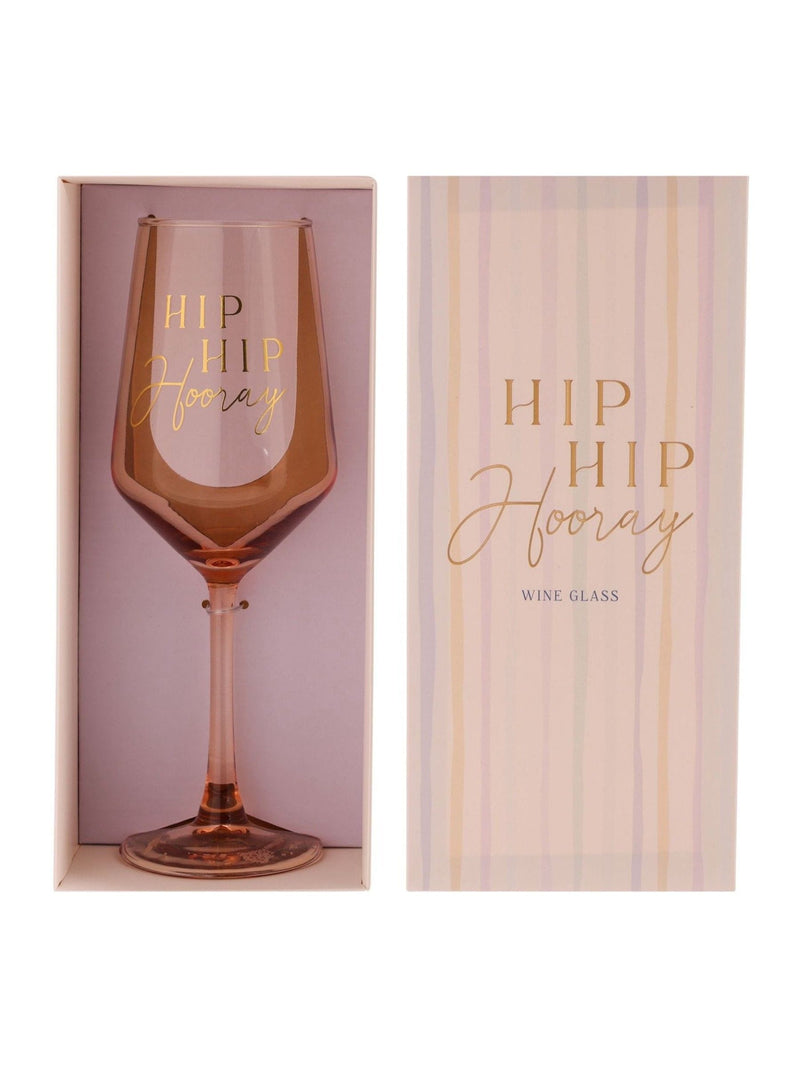 Widdop light peach wine glass with gold Hip Hip Hooray decal, imported from the UK