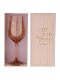 Widdop light peach wine glass with gold Hip Hip Hooray decal, imported from the UK