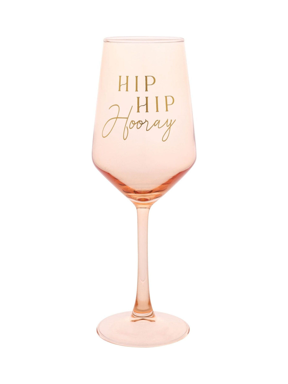 Widdop light peach wine glass with gold Hip Hip Hooray decal, imported from the UK