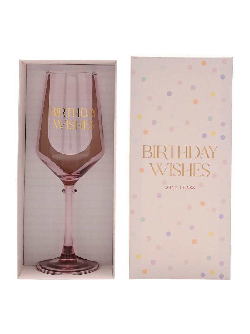 Widdop pink wine glass with Birthday Wishes decal, UK version