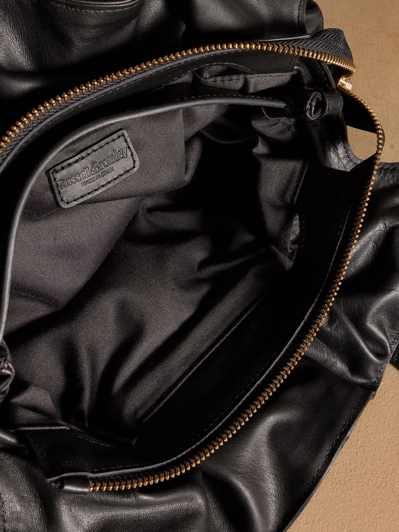 Russell & Bromley black shoulder bag Jessie ruched leather, imported from the UK