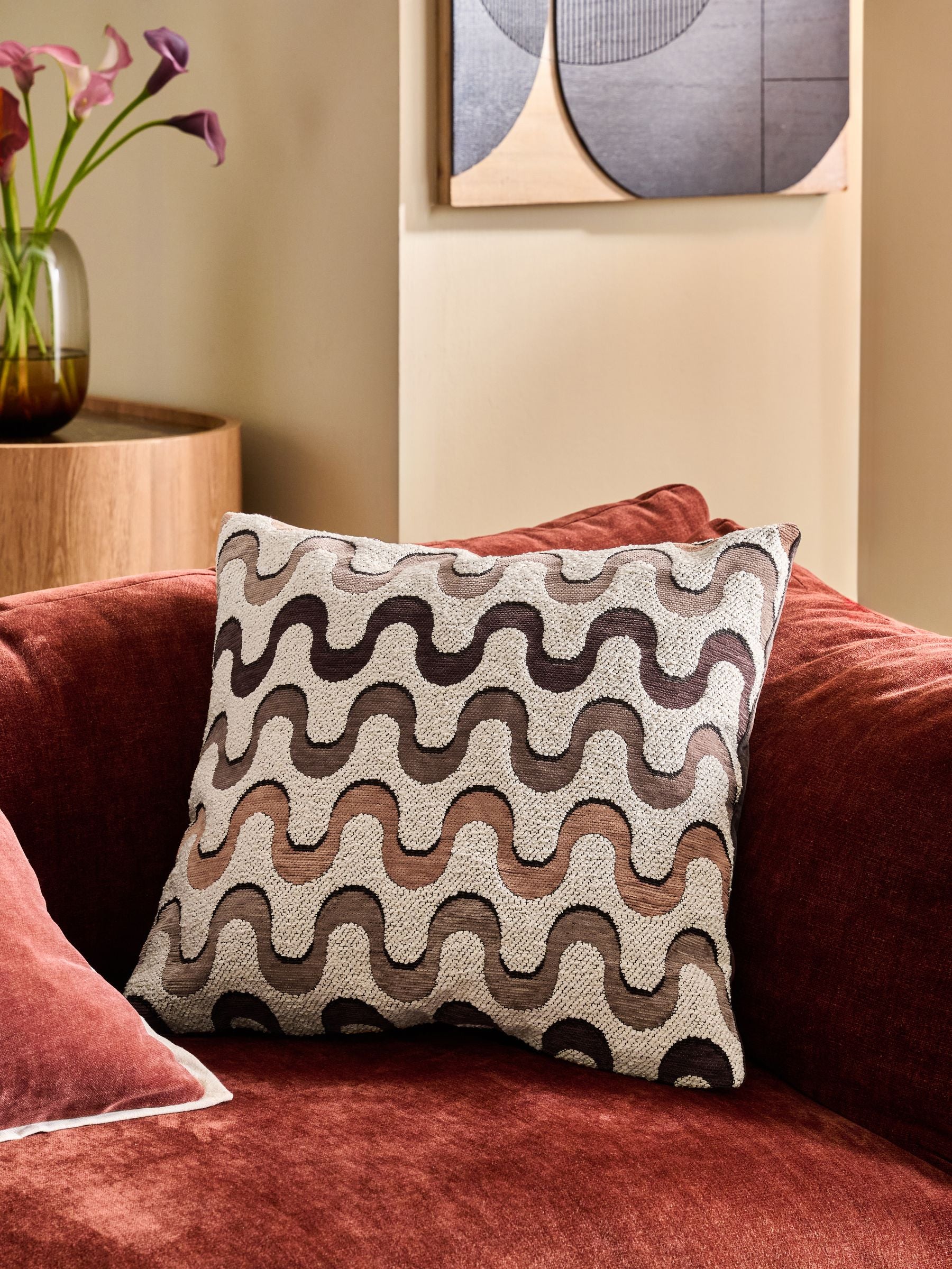 Brown 50 x 50cm Cut Velvet Wiggle Cushion