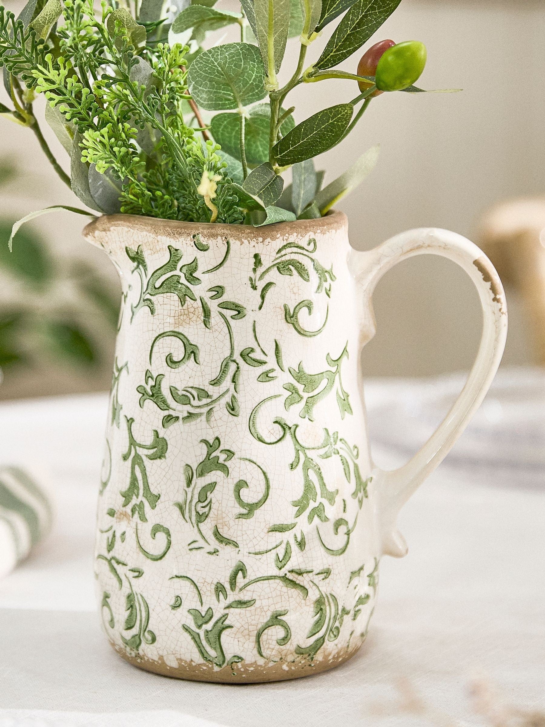 Dibor Green Botanical Ceramic Pitcher Jug, Large