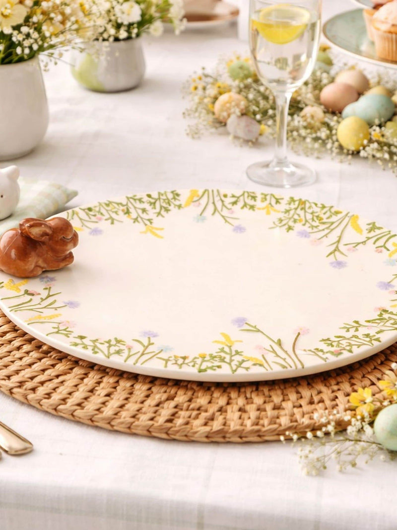 Widdop white serving plate with bunny detail and wildflowers, UK version