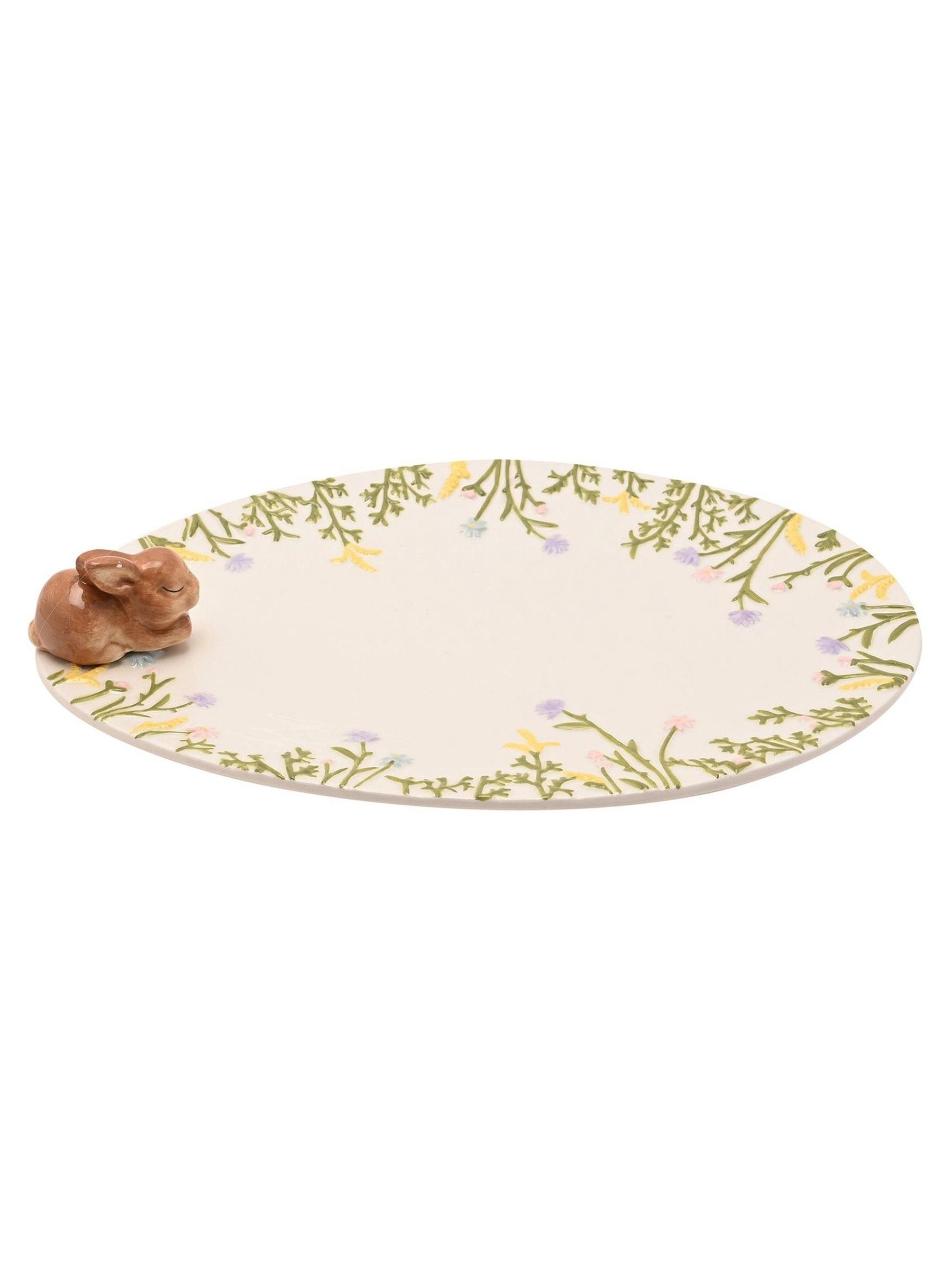 Widdop white serving plate with bunny detail and wildflowers, UK version