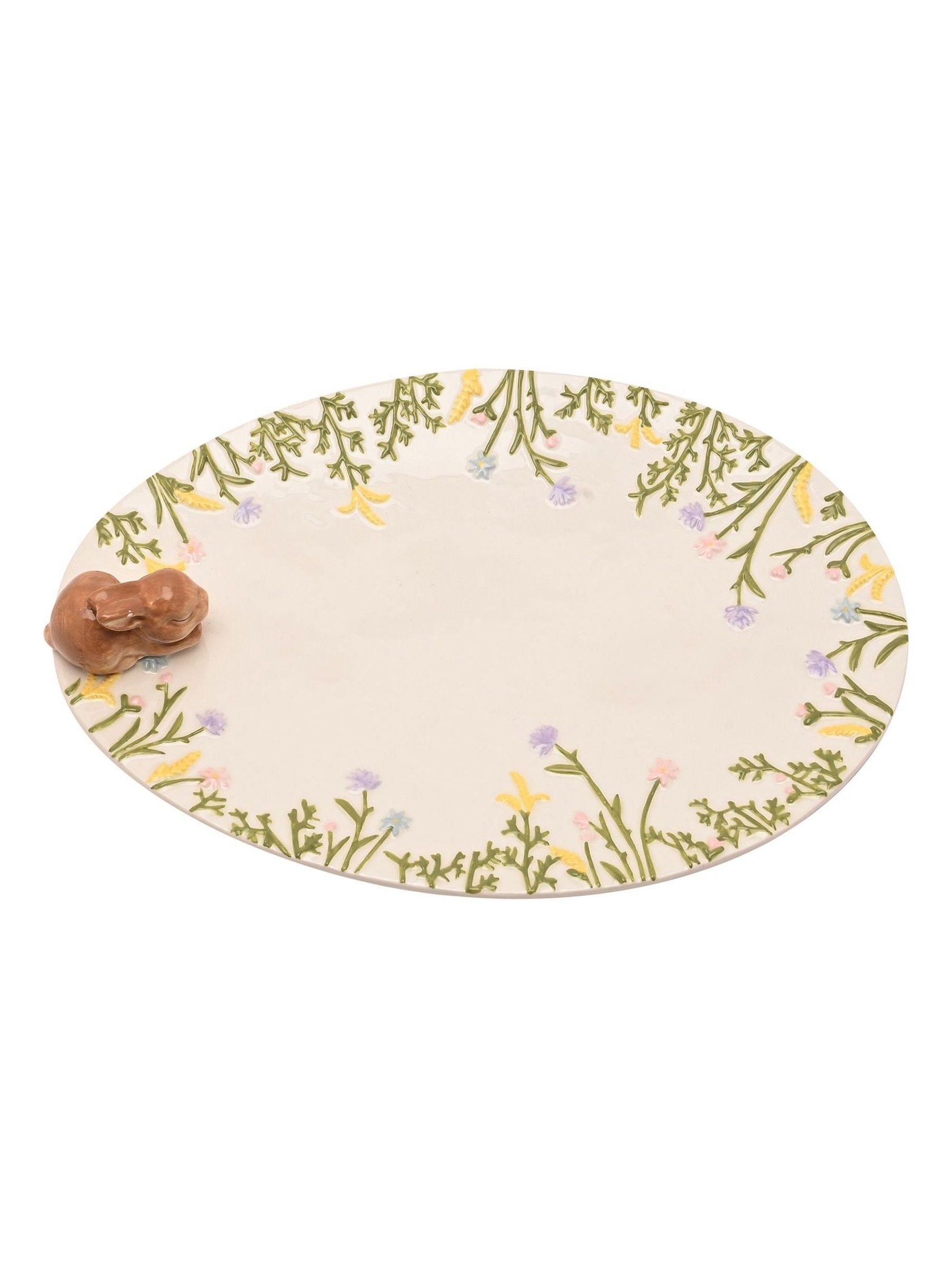 Widdop white serving plate with bunny detail and wildflowers, UK version