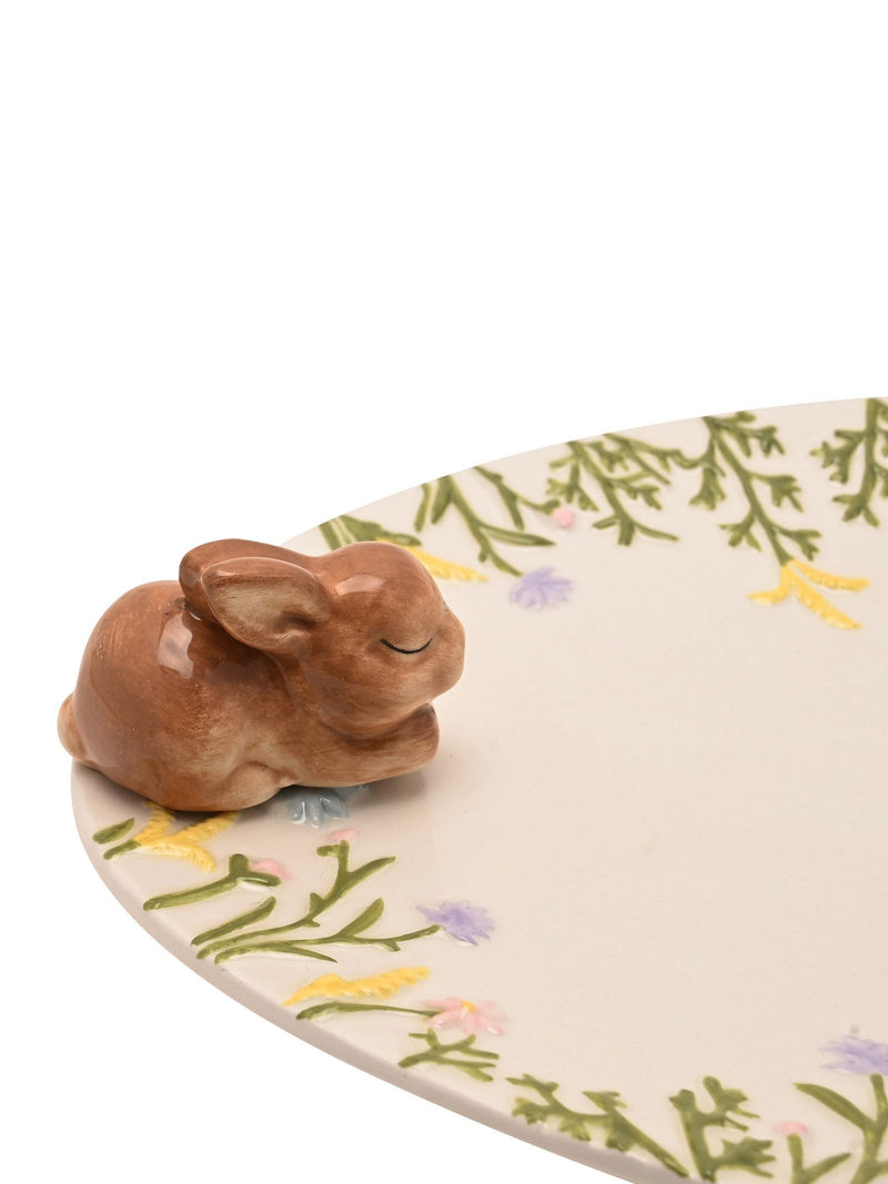 Widdop white serving plate with bunny detail and wildflowers, UK version