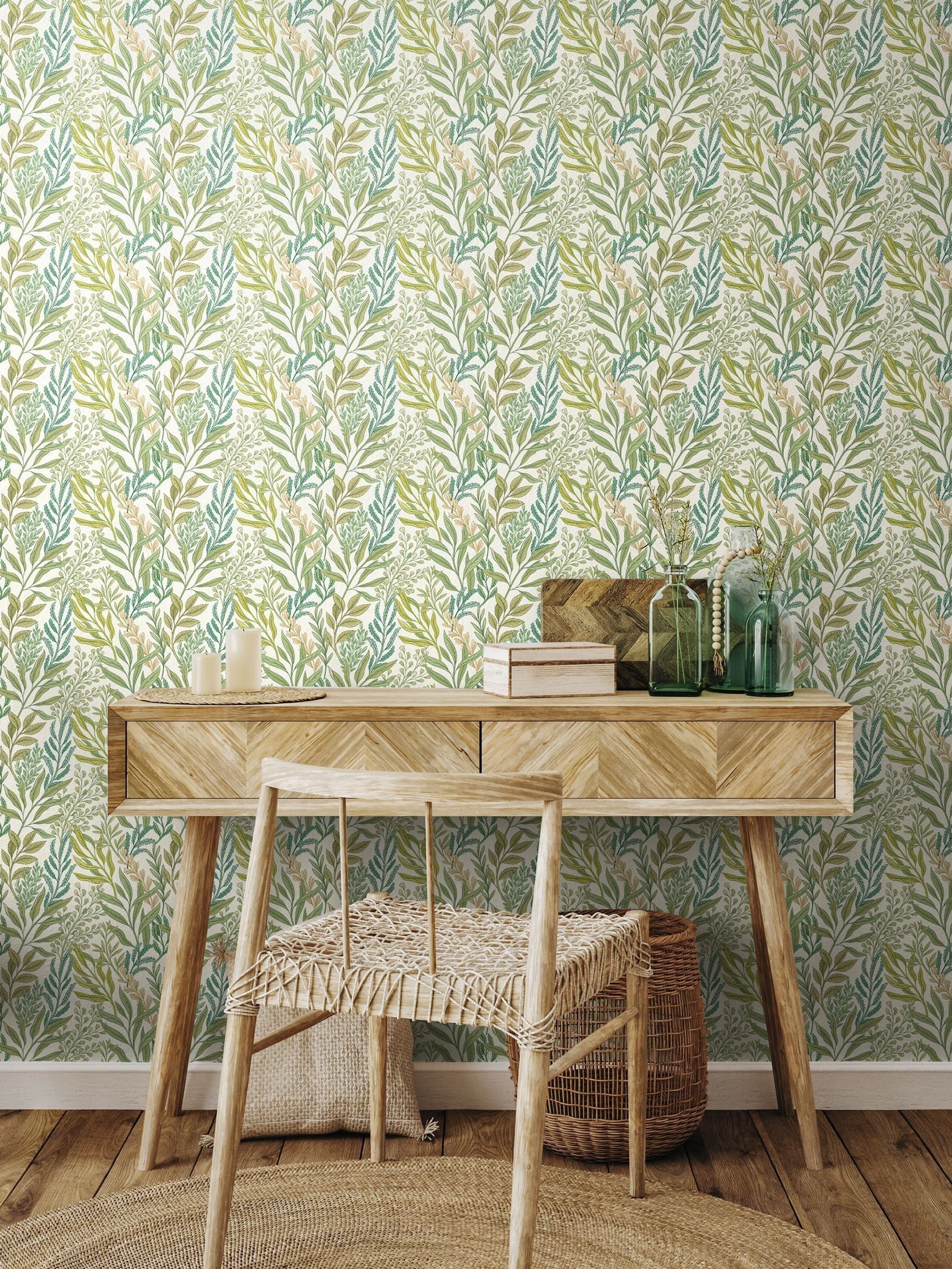 Hoopla Walls wallpaper Sage Willow Verdant Leaves 10M, imported from the UK