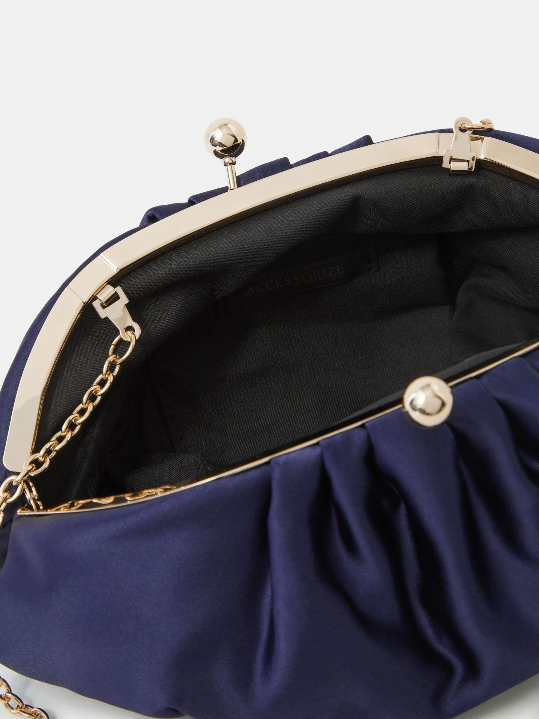 Accessorize blue ruched satin clip frame clutch bag (British brand)