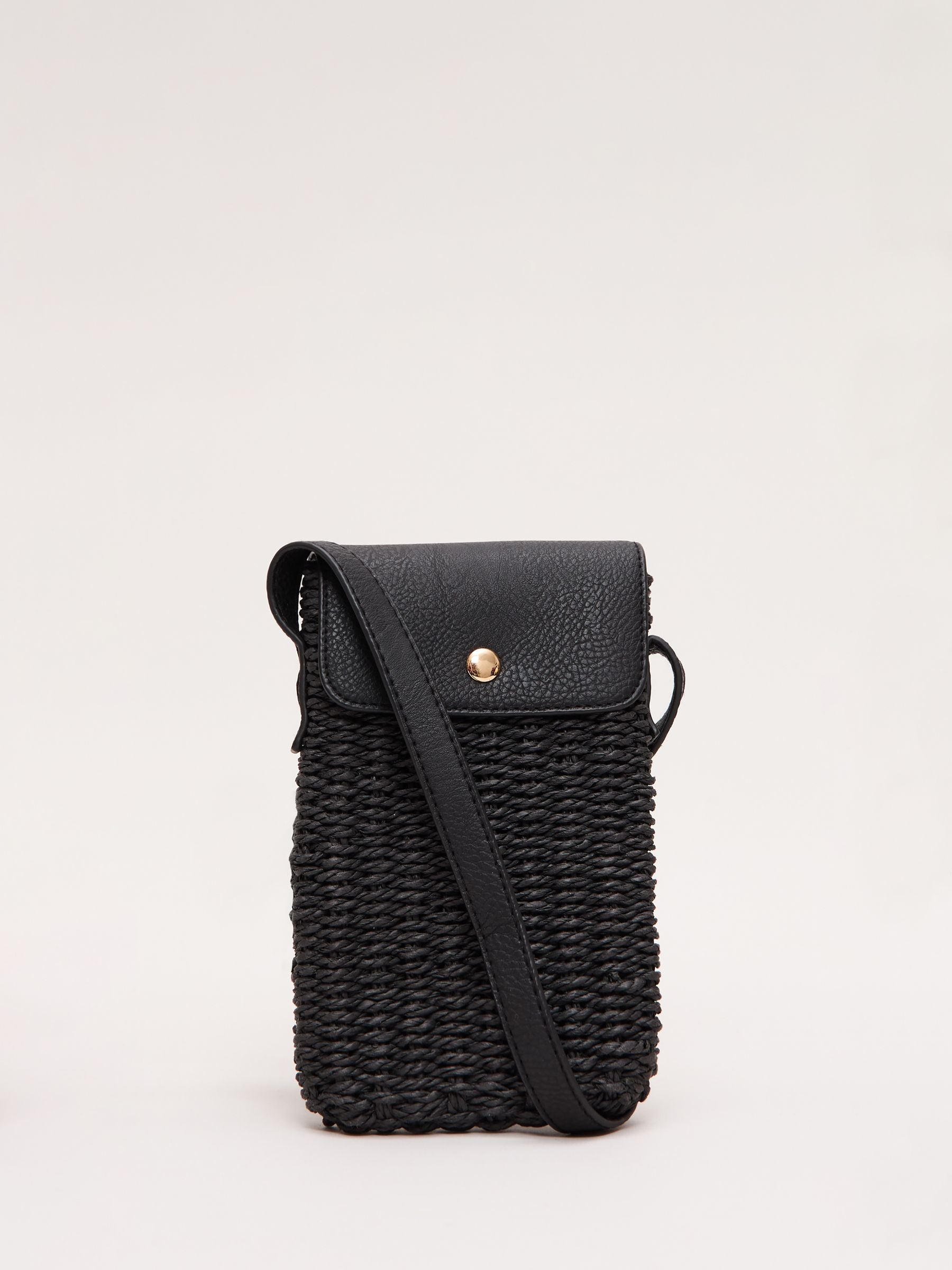 Phase Eight black straw cross-body phone case, imported from the UK
