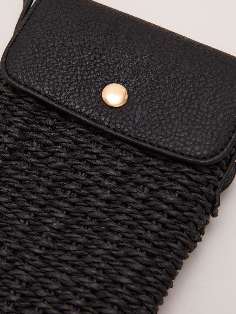 Phase Eight black straw cross-body phone case, imported from the UK