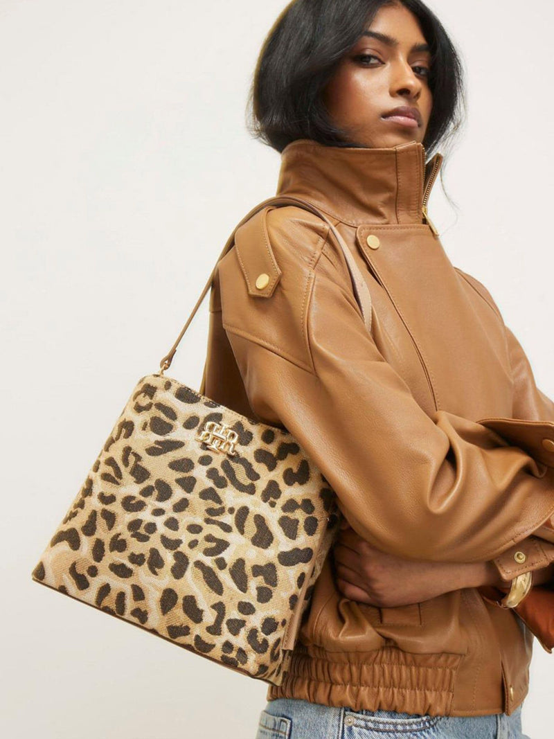 River Island brown leopard jacquard bucket bag (British brand)