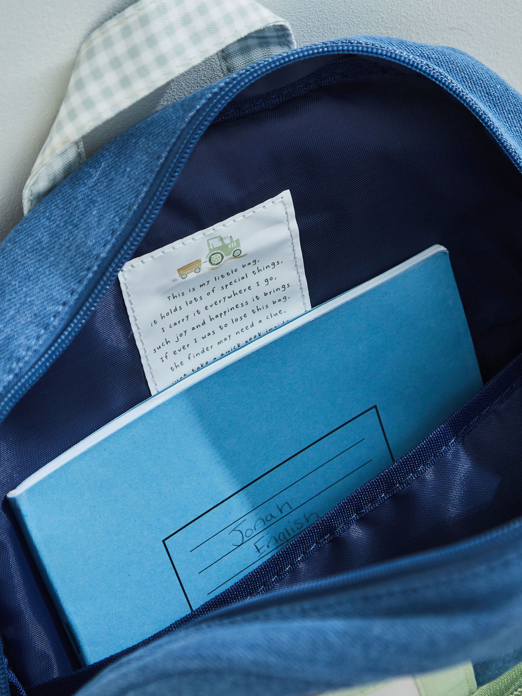My 1st Years personalised tractor denim medium backpack (British brand)