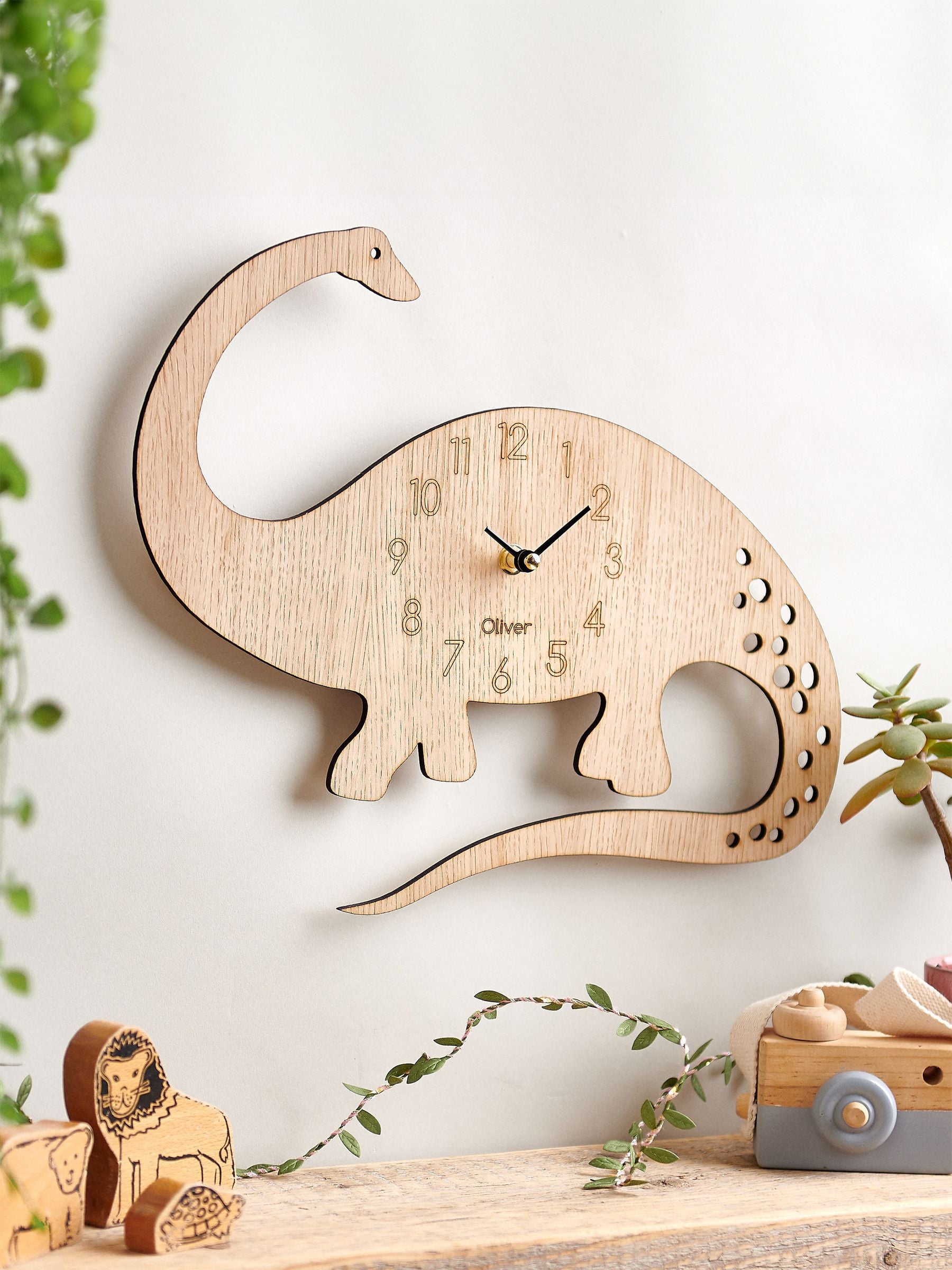 No Ordinary Gift personalised wooden diplodocus clock - British product