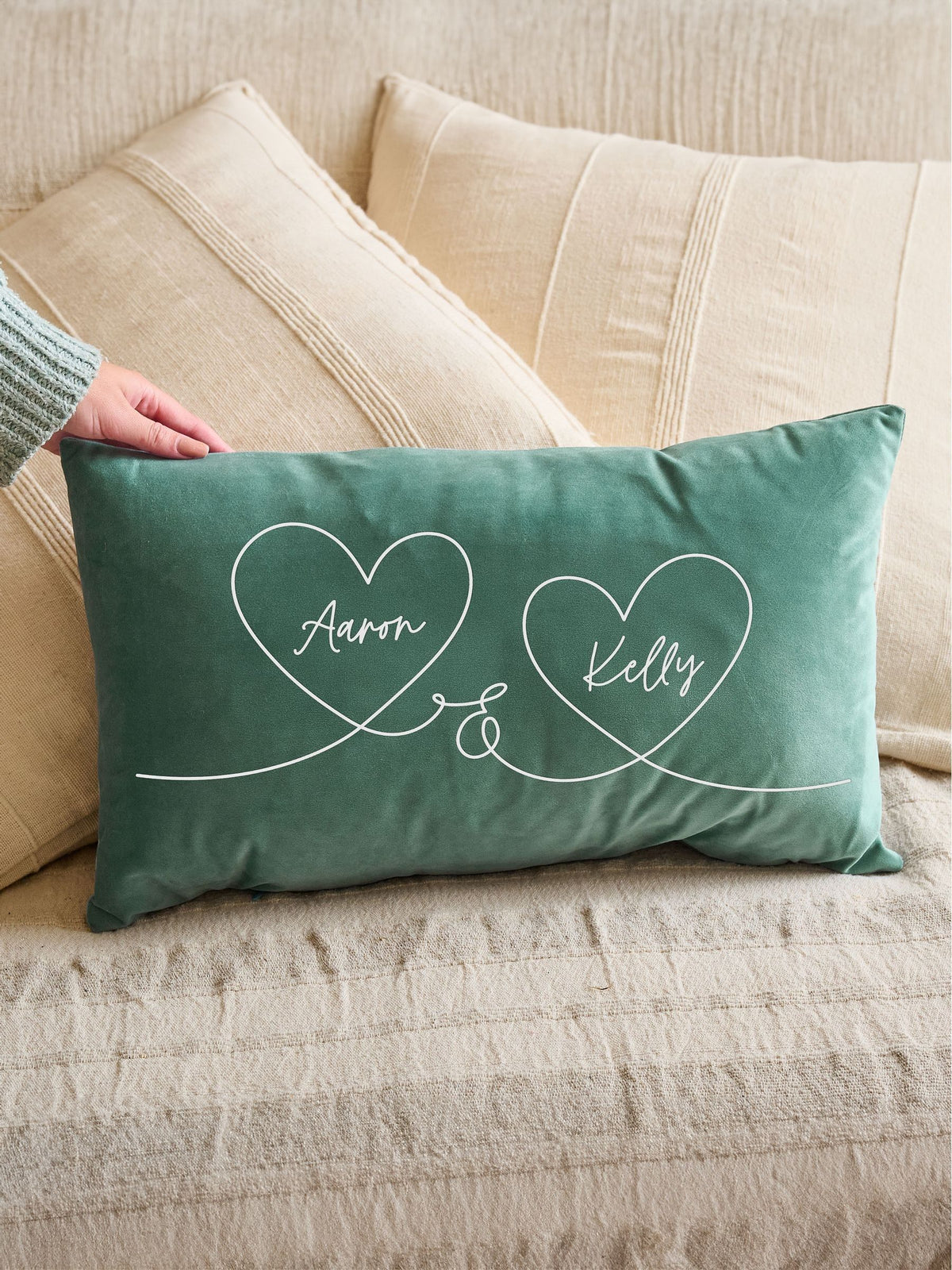 No Ordinary Gift velvet cushion with personalised names in hearts 50x30cm - British product