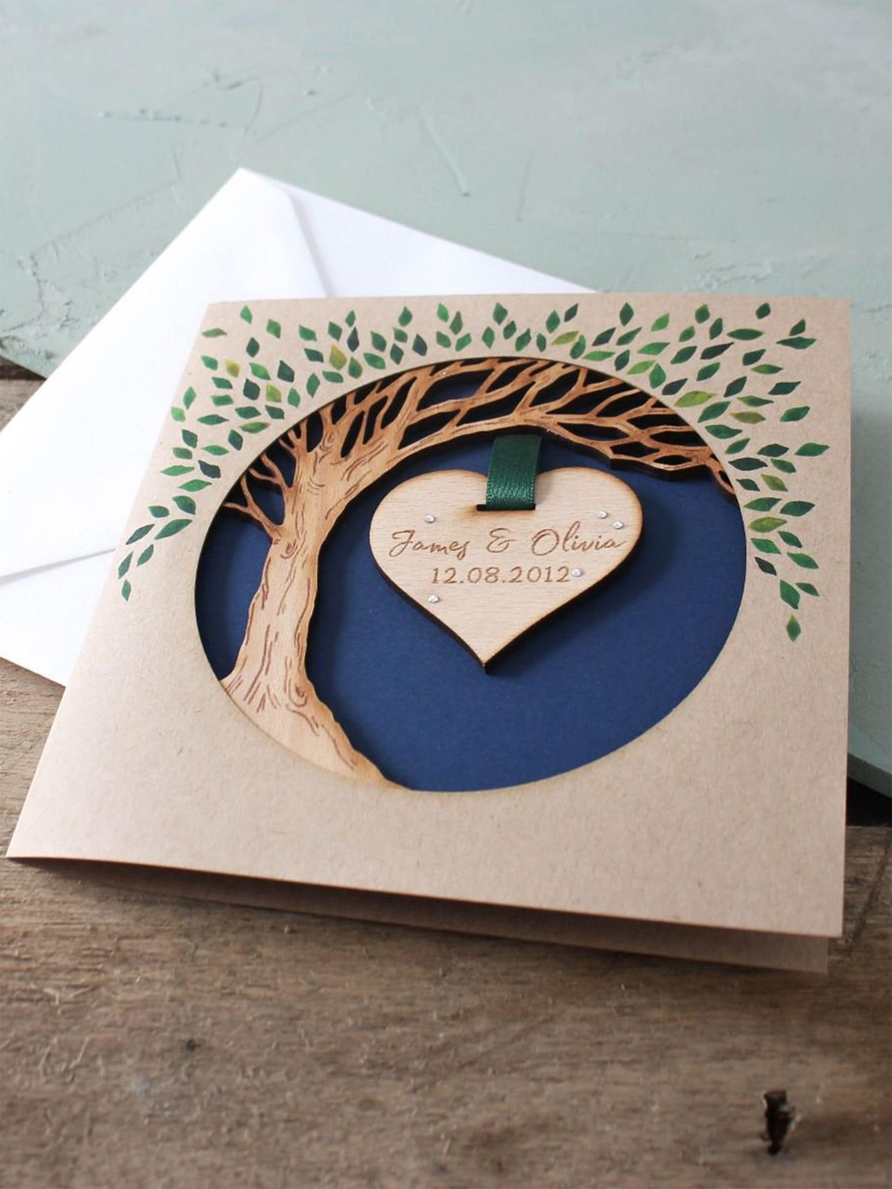 No Ordinary Gift wooden anniversary card with hanging heart tree (British brand)