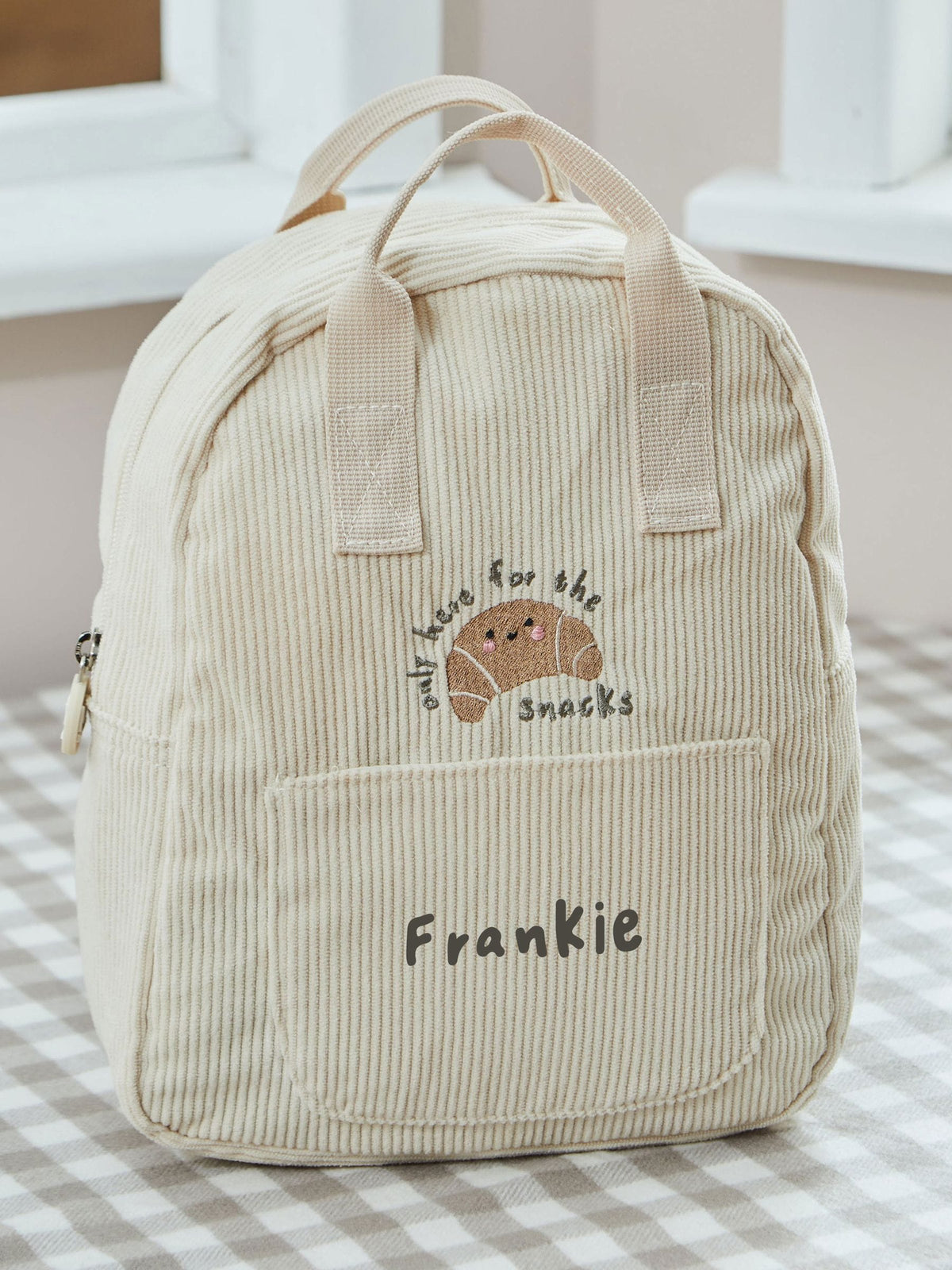 My 1st Years ecru cord backpack with croissant embroidery (British brand)