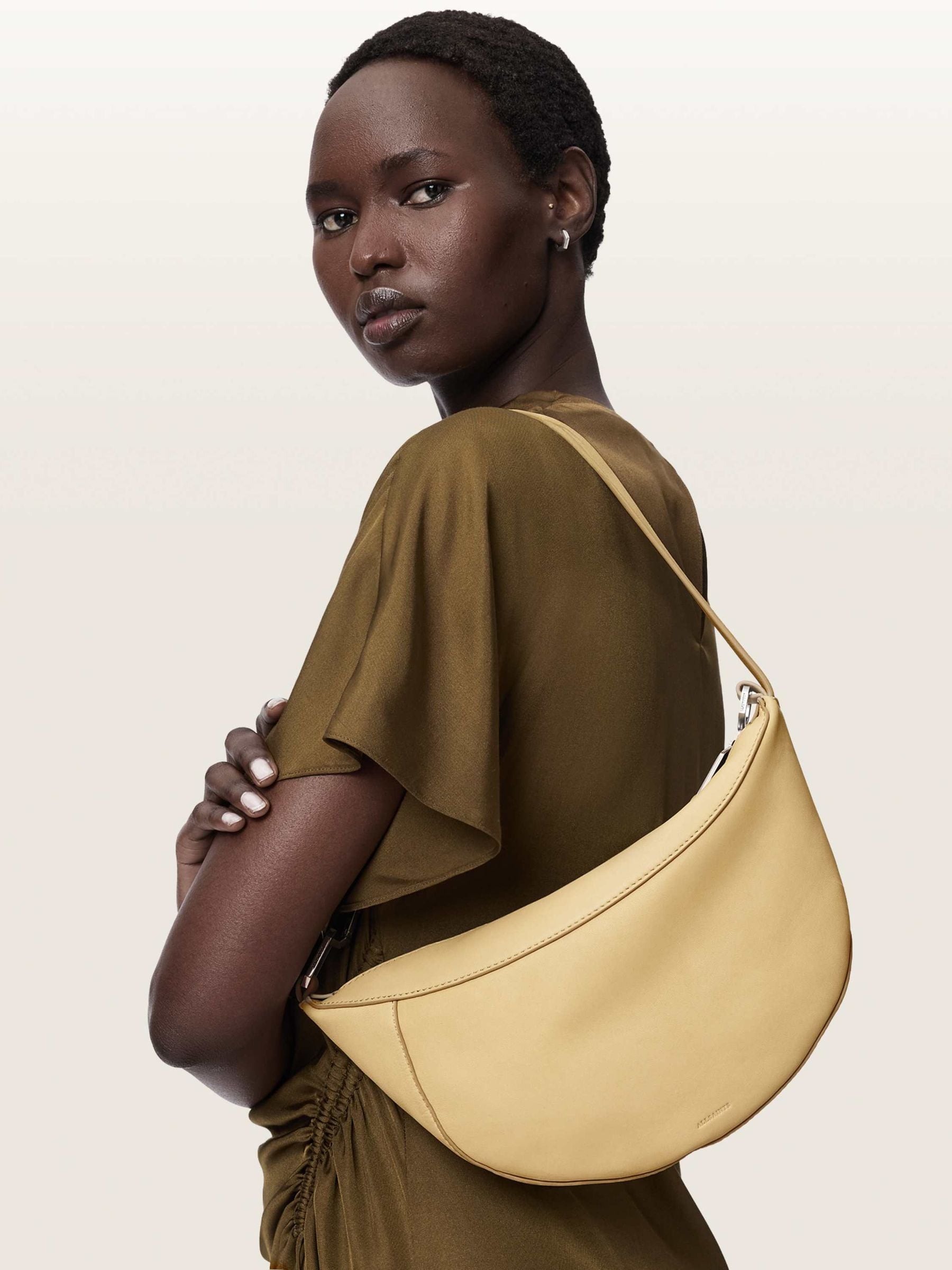 AllSaints Yellow Luna Micro Bag leather handbag, imported from the UK