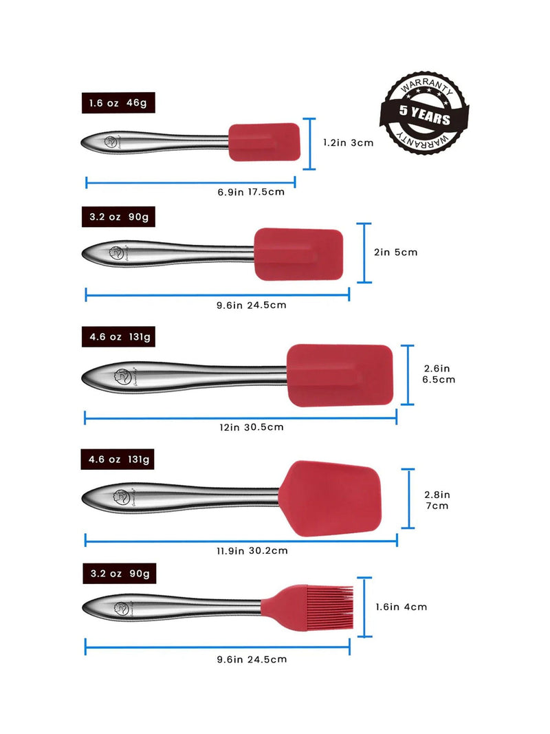 Red silicone kitchen utensil set with spoonula and brush - British product