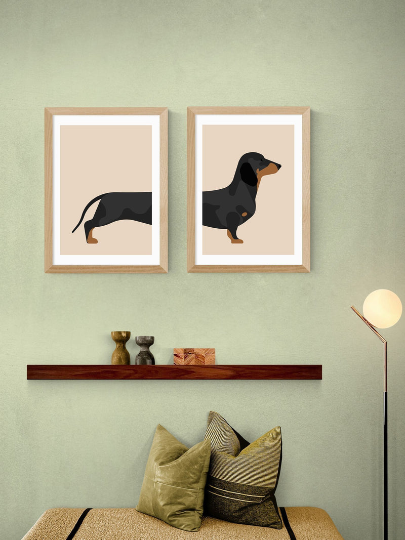 East End Prints Set of 2 Oak Sausage Dog Wall Arts Print by Rocket Jack