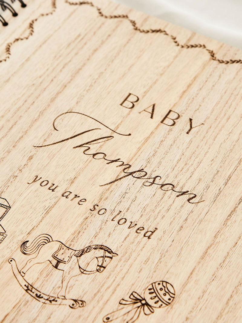 Personalised baby shower wooden scrapbook with engraved cover, UK version