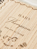 Personalised baby shower wooden scrapbook with engraved cover, UK version
