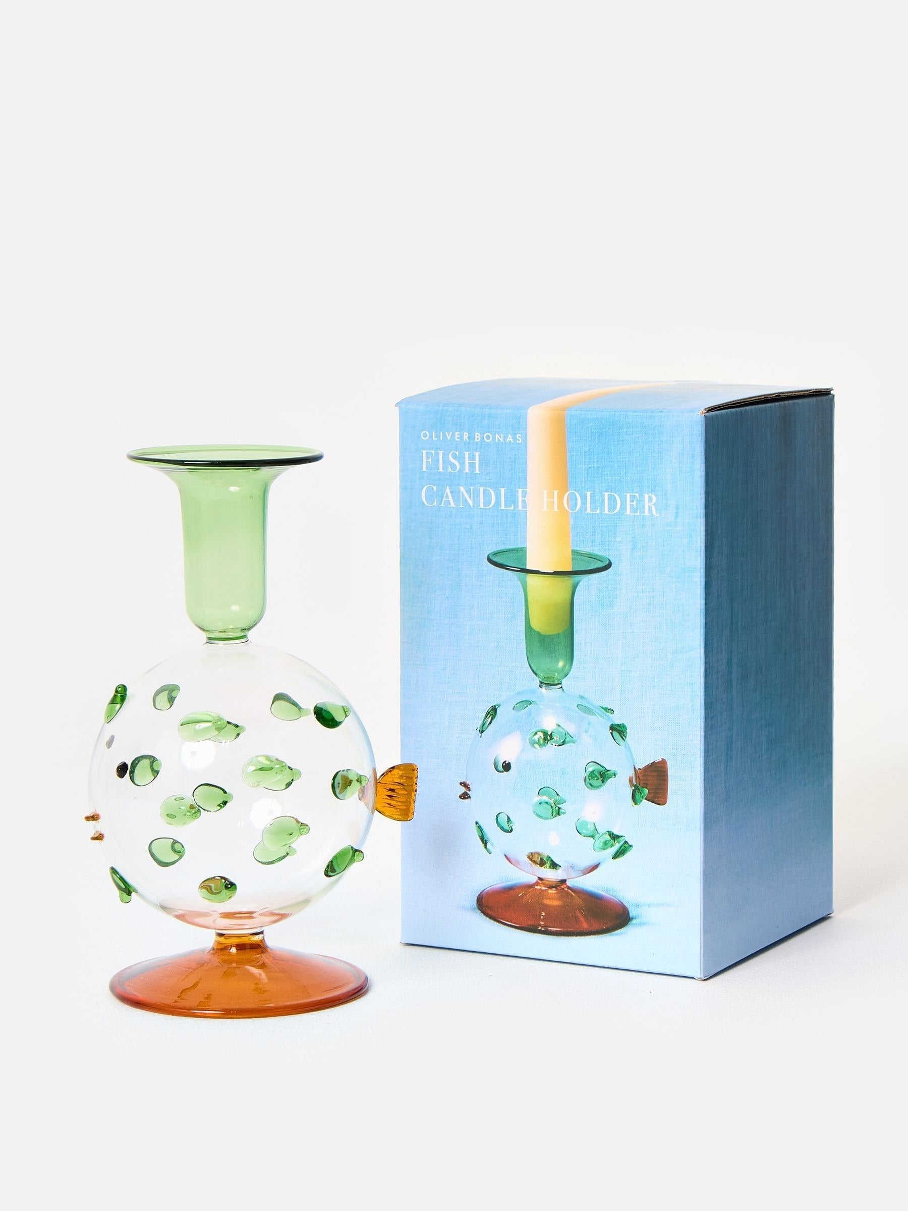 Oliver Bonas green puffa fish glass candle holder (British brand)