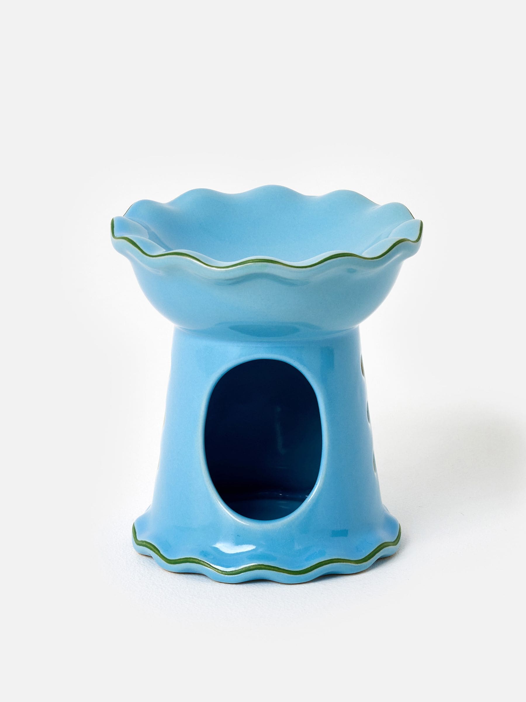 Oliver Bonas blue ceramic ruffle oil burner, imported from the UK