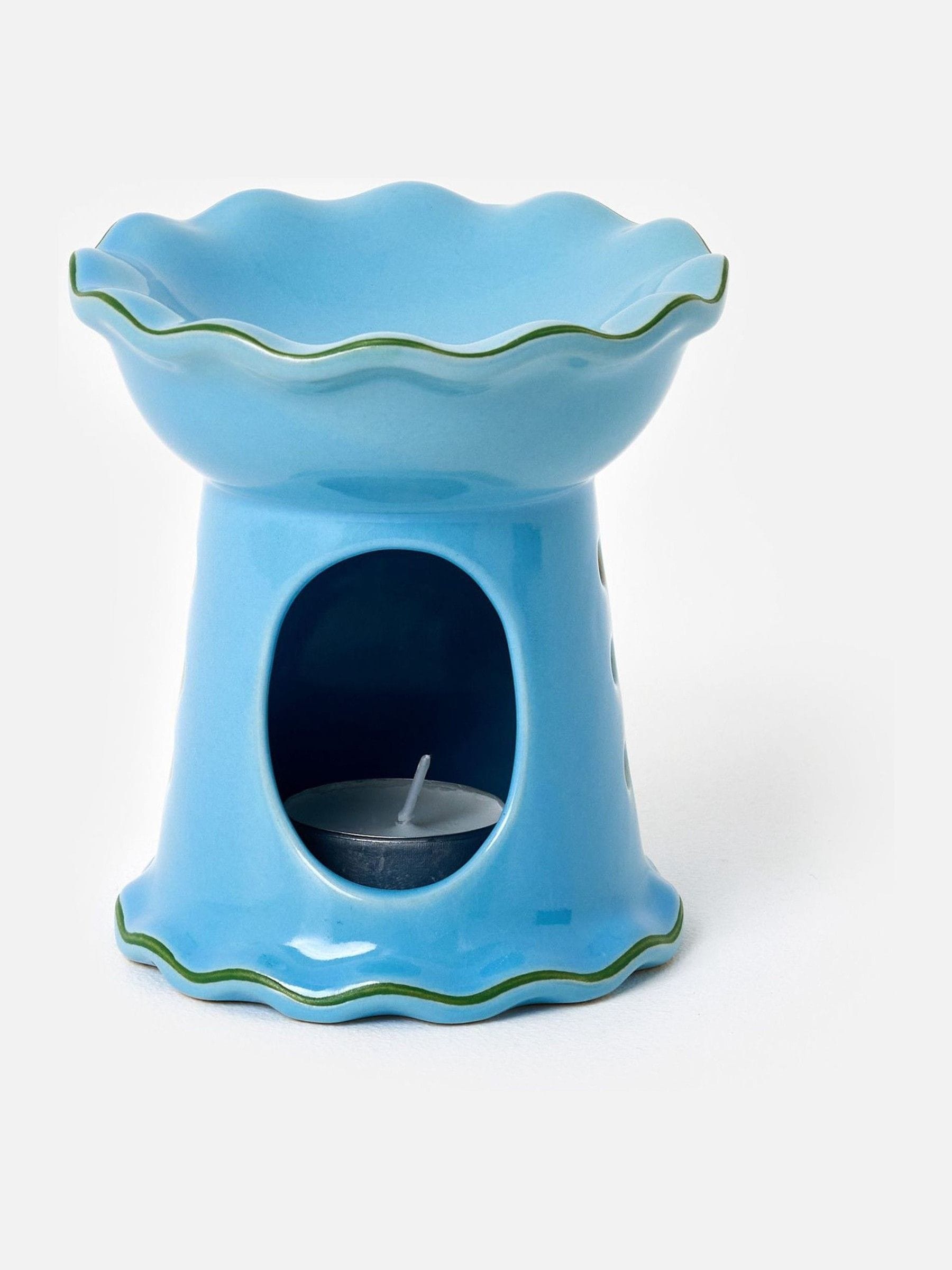 Oliver Bonas blue ceramic ruffle oil burner, imported from the UK