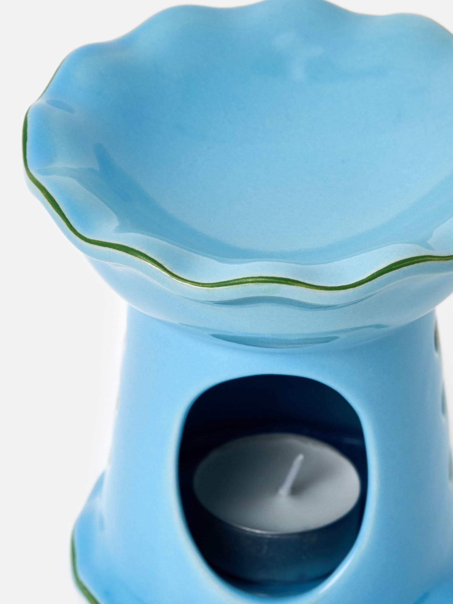 Oliver Bonas blue ceramic ruffle oil burner, imported from the UK