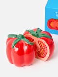 Oliver Bonas red tomato ceramic salt and pepper shakers, imported from the UK